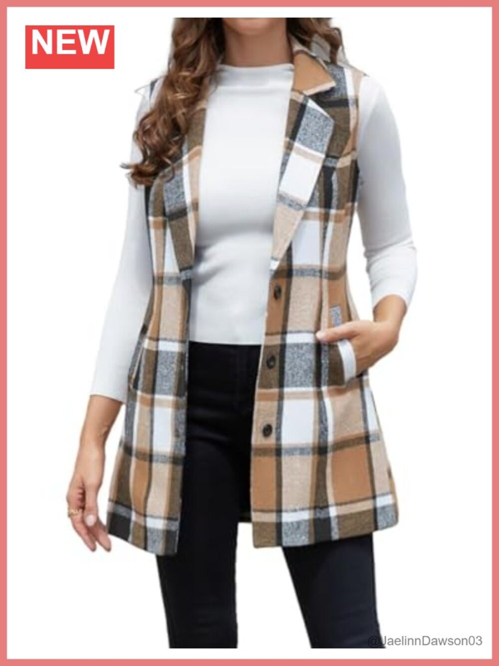 Women's Plaid Wool Blend Sleeveless Long Vest Blazer Jacket